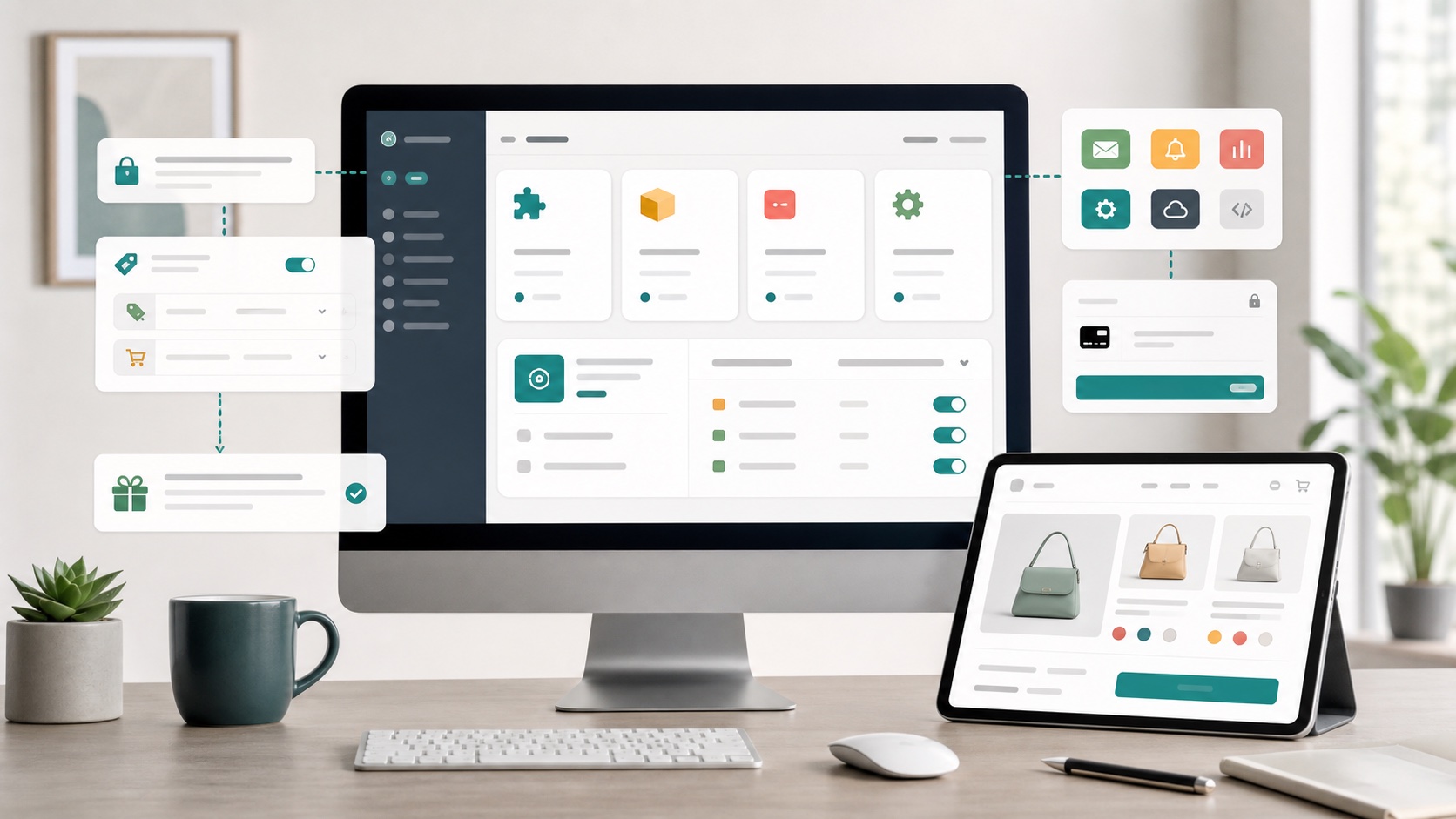 Custom Shopify app workflow mockup across admin and storefront